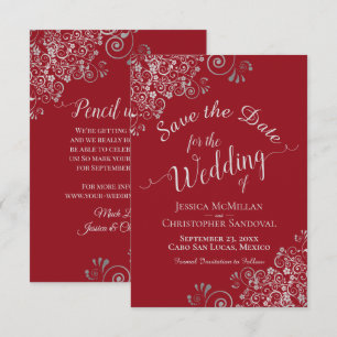 Elegant Silver Grey Curls on Crimson Red Wedding Save The Date