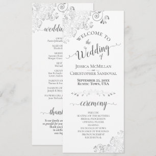 Elegant Silver Grey Curls on White Wedding Program