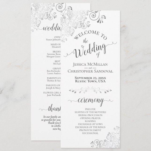 Elegant Silver Grey Curls on White Wedding Program (Front/Back)