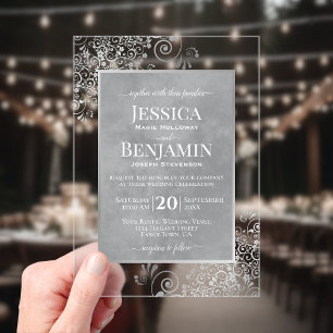 Elegant Silver Grey Curls Stylish Text Wedding Acrylic Invitations
