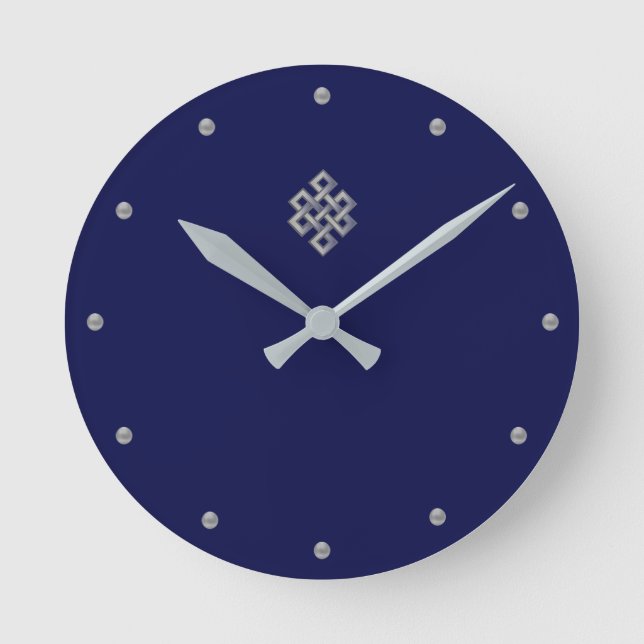 Elegant silver grey endless knot on navy blue round clock (Front)