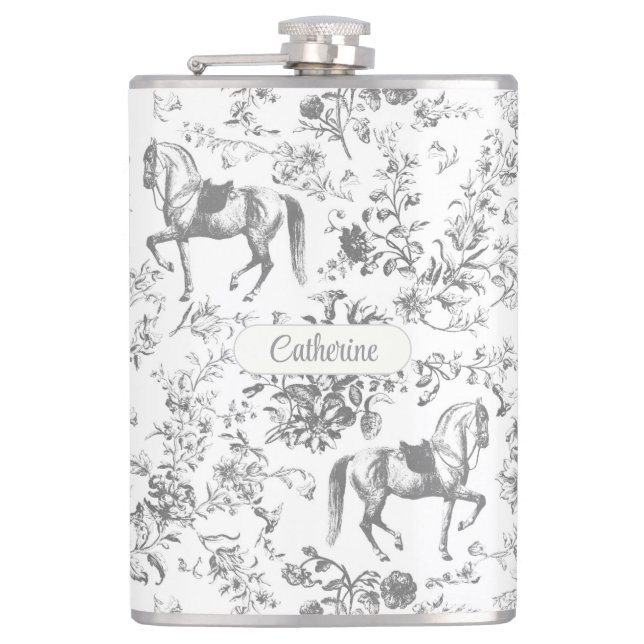 Elegant Silver Grey Equestrian Floral Toile Name Hip Flask (Front)