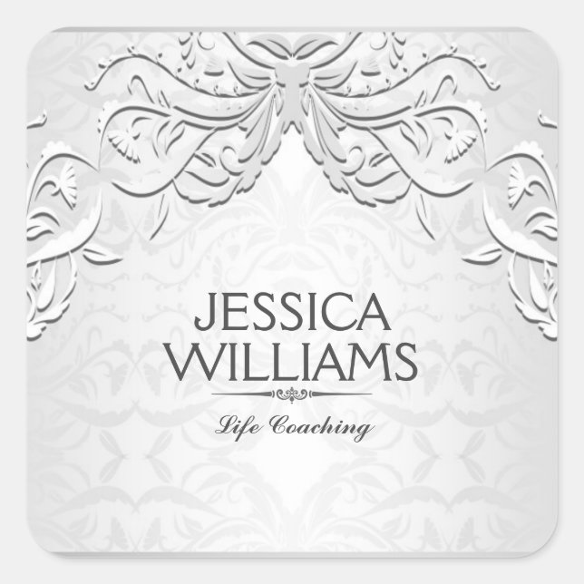 Elegant  Silver Grey Floral Frame Square Sticker (Front)