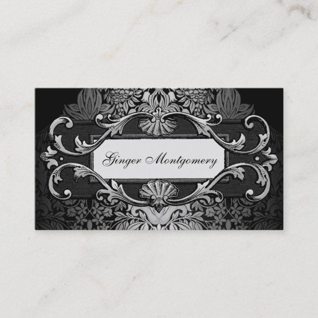 Elegant Silver Grey Frame Damask Business Card (Front)