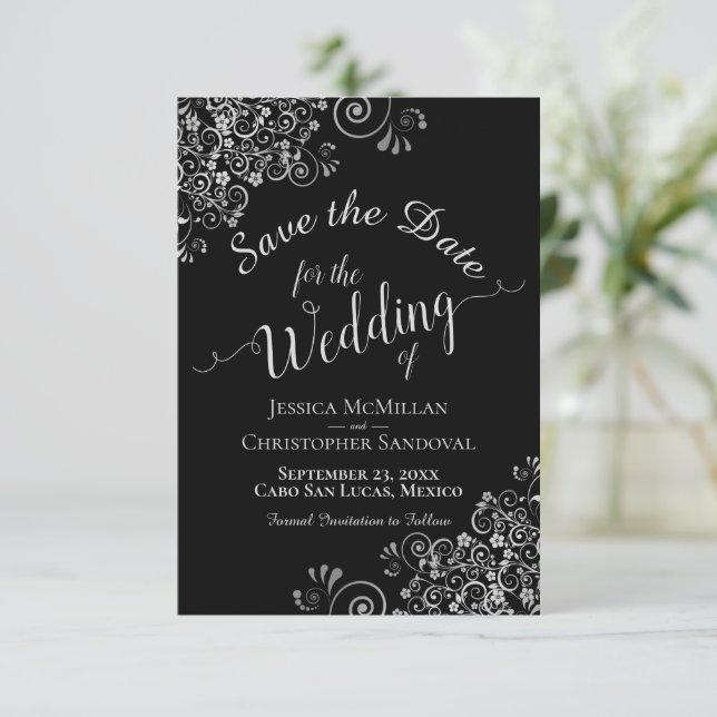 Elegant Silver Grey Frills on Black Glam Wedding Save The Date (Standing Front)
