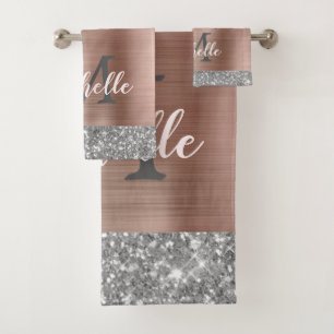 Elegant Silver Grey Glitter Drips Monogrammed  Bath Towel Set