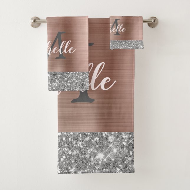 Elegant Silver Grey Glitter Drips Monogrammed  Bath Towel Set (Insitu)