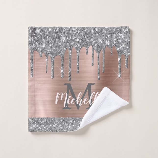 Elegant Silver Grey Glitter Drips Monogrammed Wash Cloth (Wash Cloth)