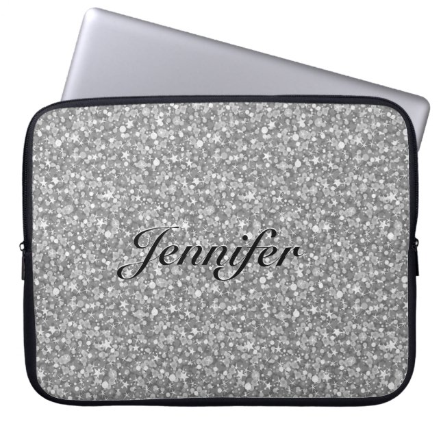 Elegant Silver Grey Glitter & Sparkles 2-Monogram Laptop Sleeve (Front)