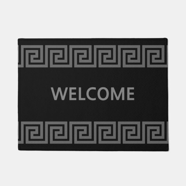 Elegant Silver Grey Greek Pattern on Black Welcome Doormat (Front)