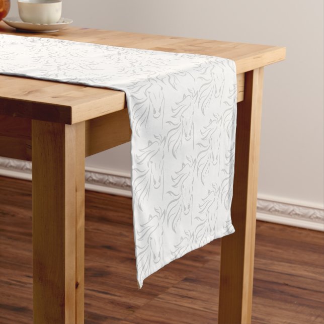 Elegant Silver Grey Horse Pattern on White Medium Table Runner (In Situ)