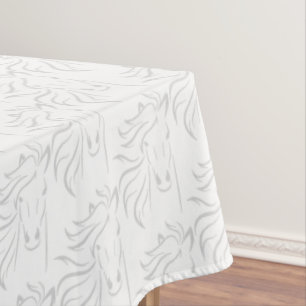 Elegant Silver Grey Horse Pattern on White Medium Tablecloth