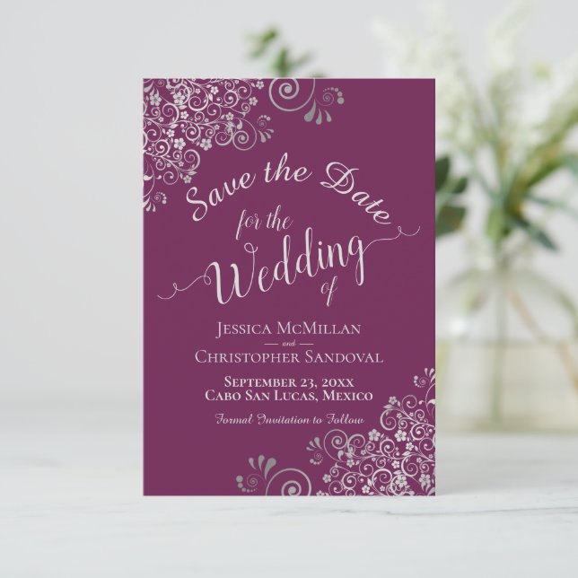 Elegant Silver Grey Lace Cassis Purple Wedding Save The Date (Standing Front)