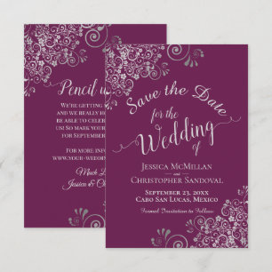 Elegant Silver Grey Lace Cassis Purple Wedding Save The Date