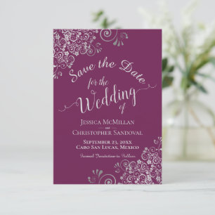 Elegant Silver Grey Lace Cassis Purple Wedding Save The Date