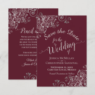 Elegant Silver Grey Lace Frills Burgundy Wedding Save The Date