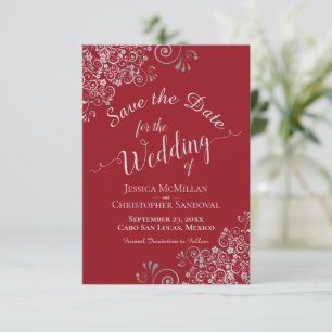 Elegant Silver Grey Lace Frills Red Wedding Save The Date