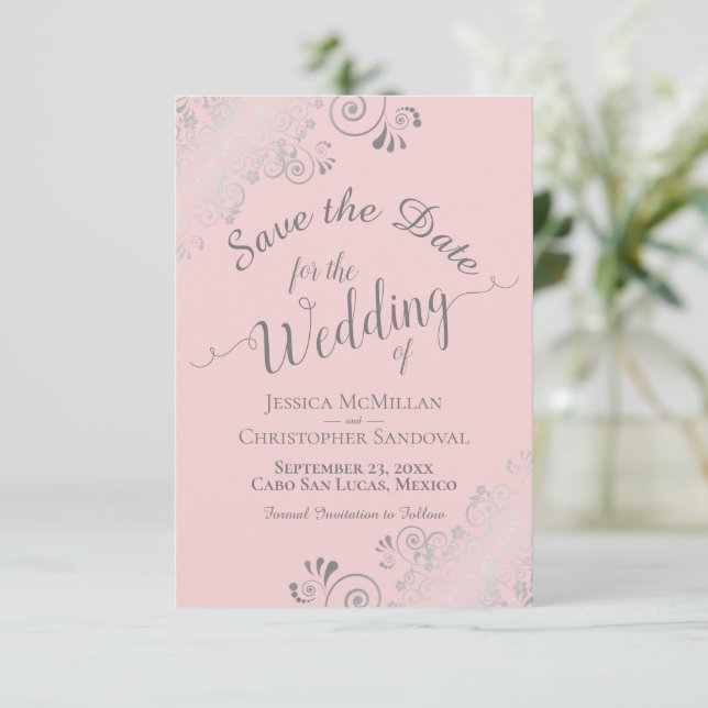 Elegant Silver Grey Lace on Blush Pink Wedding Save The Date (Standing Front)
