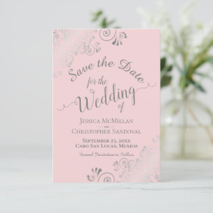 Elegant Silver Grey Lace on Blush Pink Wedding Save The Date