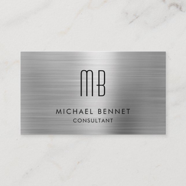 Elegant Silver Grey Metallic Monogram Consultant  Business Card (Front)