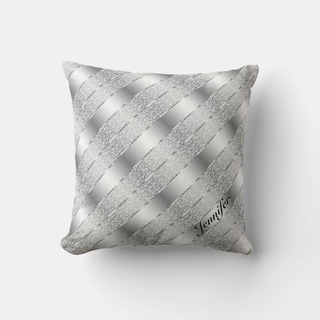 Elegant Silver Grey Metallic Stripes 2 Monogram Throw Pillow (Front)