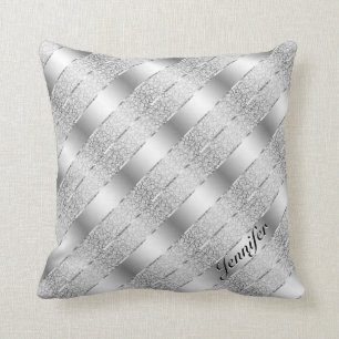 Elegant Silver Grey Metallic Stripes 2 Monogram Throw Pillow