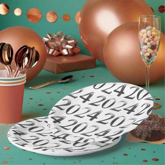 Elegant Silver Grey Numbers Happy New Year 2024 Paper Plate (Multi)