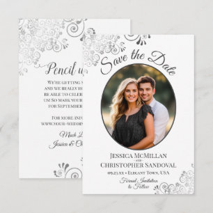 Elegant Silver & Grey on White Oval Photo Wedding Save The Date