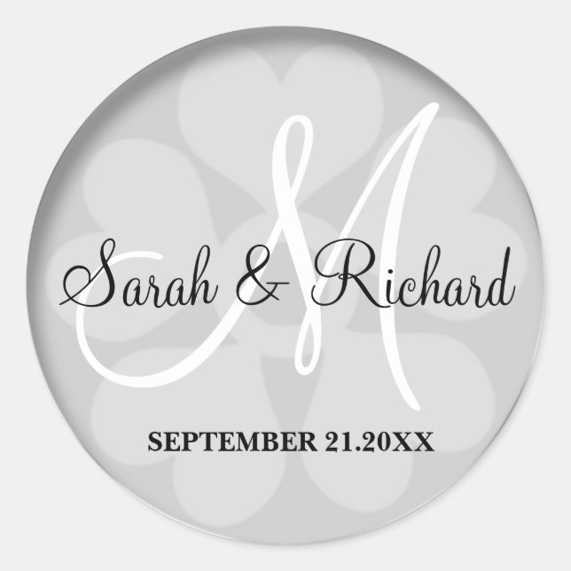 Elegant Silver Grey Wedding Monogram Classic Round Sticker (Front)