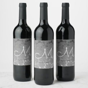 Elegant Silver Grey Wedding Reception Monogram Wine Label