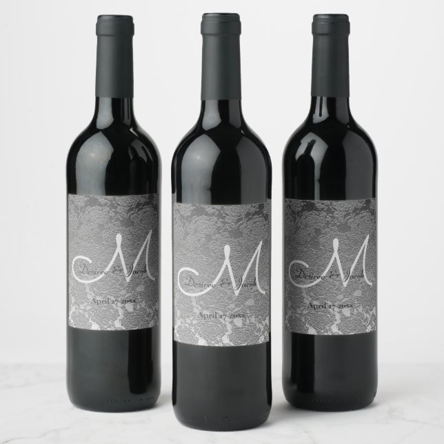 Elegant Silver Grey Wedding Reception Monogram Wine Label (Bottles)
