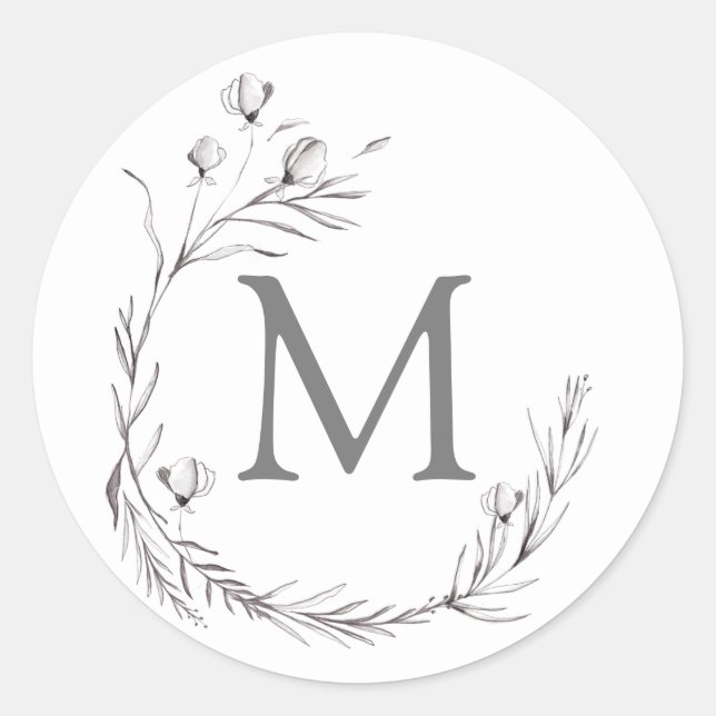 Elegant Silver Grey White Botanical Wreath Wedding Classic Round Sticker (Front)