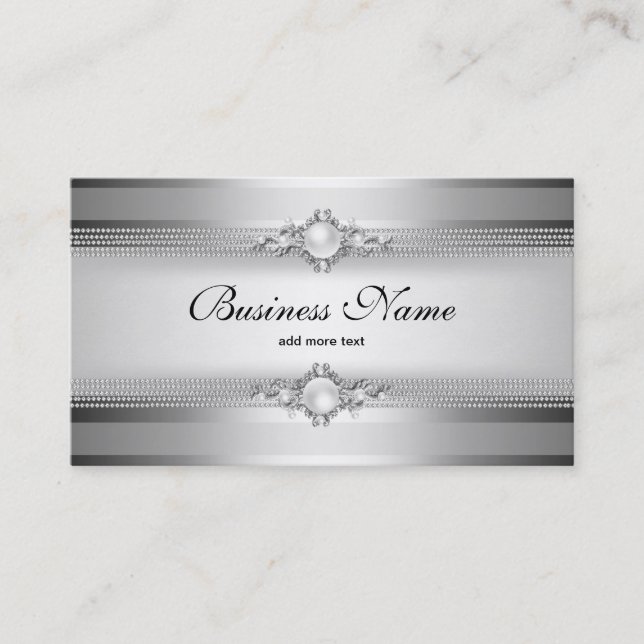Elegant Silver Grey White Stripe Pearl Chain Business Card (Front)