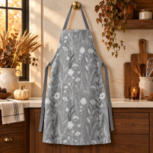 Elegant Silver Grey Wildflower Meadow Botanical Apron