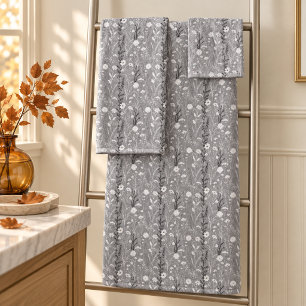 Elegant Silver Grey Wildflower Meadow Botanical Bath Towel Set