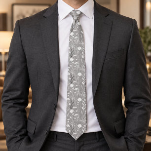 Elegant Silver Grey Wildflower Meadow Botanical Tie