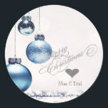 Elegant Silver Heart,Blue Christmas Balls Classic Round Sticker<br><div class="desc">Elegant glitter silver heart and Christmas balls on white background.</div>
