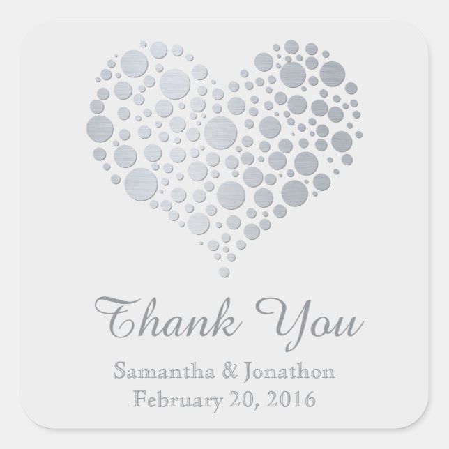 Elegant Silver Heart Light Grey Wedding Thank You Square Sticker (Front)
