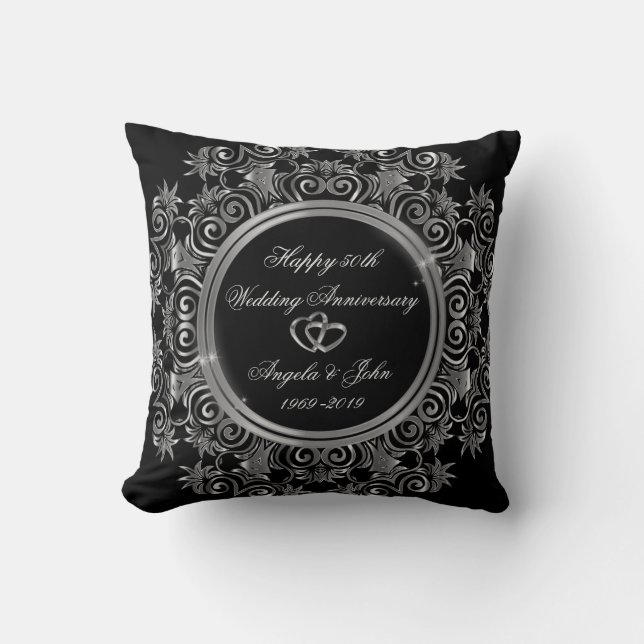 Elegant Silver Hearts 50th Wedding Anniversary Throw Pillow (Front)