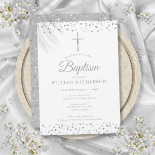 Elegant Silver Hearts Baptism Christening Invitation