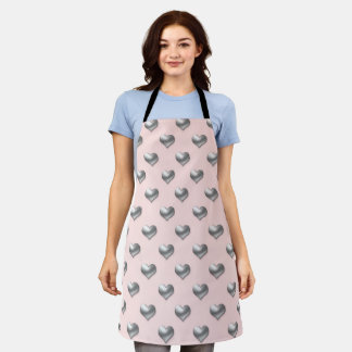 Elegant silver hearts on soft pink background apron
