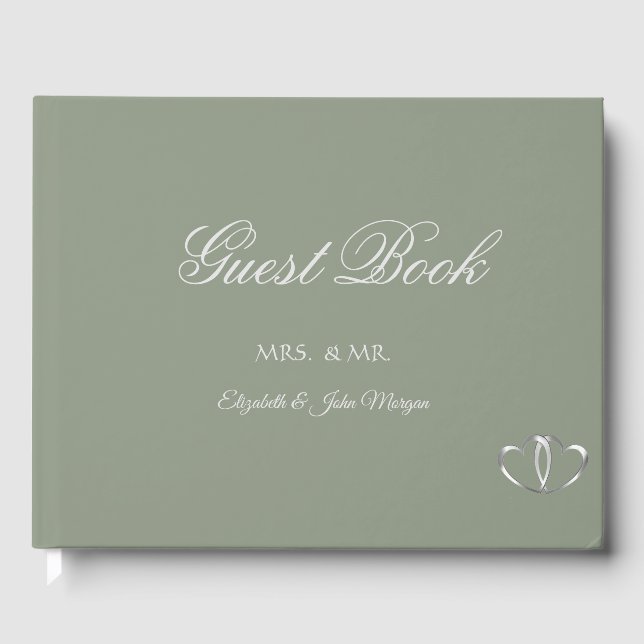 Elegant Silver Hearts Sage Green Guest Book (Front)