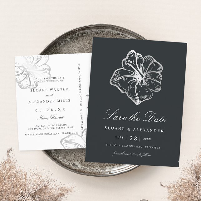 Elegant Silver Hibiscus Flower Save the Date Announcement Postcard (Creator Uploaded)
