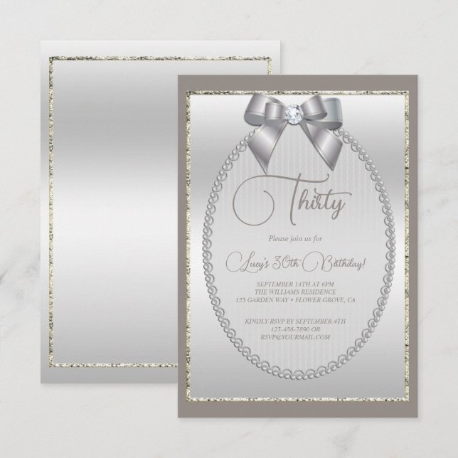 Elegant Silver Jeweled Bow Birthday Invitation (Front/Back)