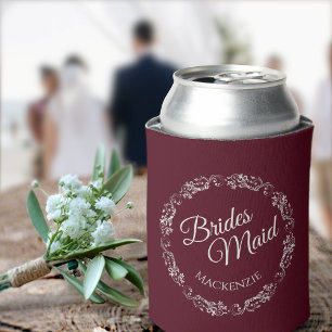 Elegant Silver Lace Burgundy Bridesmaid Wedding Can Cooler