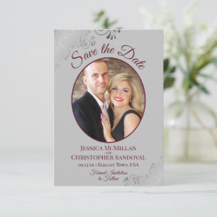 Elegant Silver Lace Burgundy on Grey Photo Wedding Save The Date