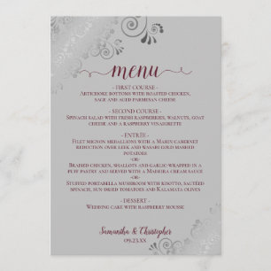Elegant Silver Lace Burgundy on Grey Wedding Menu