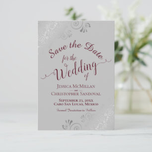 Elegant Silver Lace Burgundy on Grey Wedding Save The Date