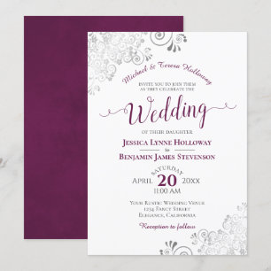 Elegant Silver Lace & Cassis Formal White Wedding Invitation