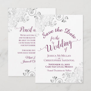 Elegant Silver Lace Cassis Purple on White Wedding Save The Date